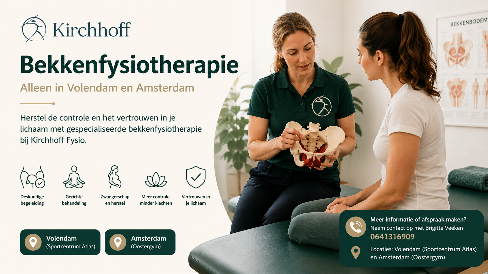Bekkenfysiotherapeut van Kirchhoff Fysio behandelt een patiënte met uitleg over het bekkengebied in de praktijk in Volendam en Amsterdam.