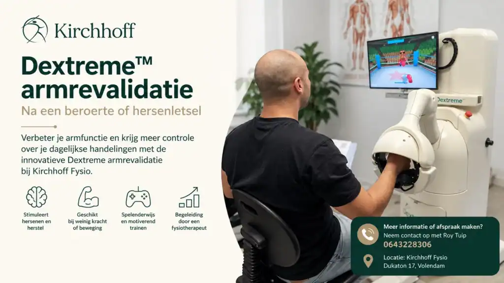 Dextreme armrevalidatie bij Kirchhoff Fysio in Volendam met robotondersteunde armtraining na een beroerte of hersenletsel.