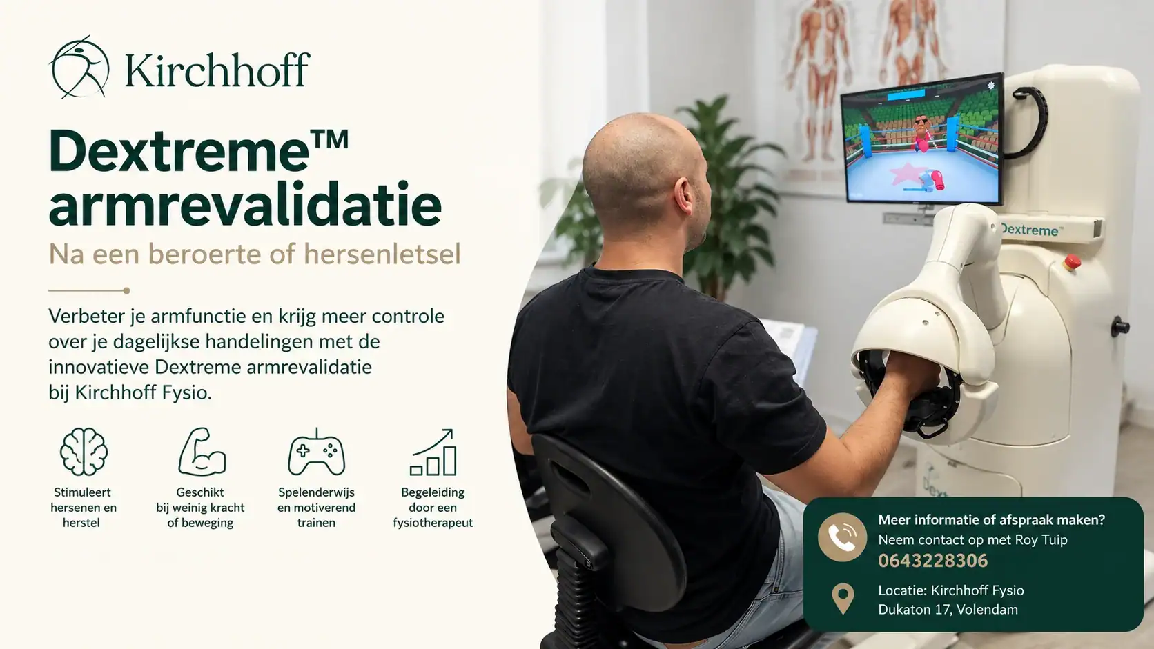 Dextreme armrevalidatie bij Kirchhoff Fysio in Volendam met robotondersteunde armtraining na een beroerte of hersenletsel.